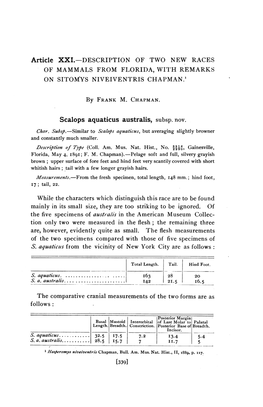 Article XXI.-DESCRIPTION of TWO NEW RACES of MAMMALS from FLORIDA, WIT'h REMARKS on SITOMYS NIVEIVENTRIS CHAPMAN.1