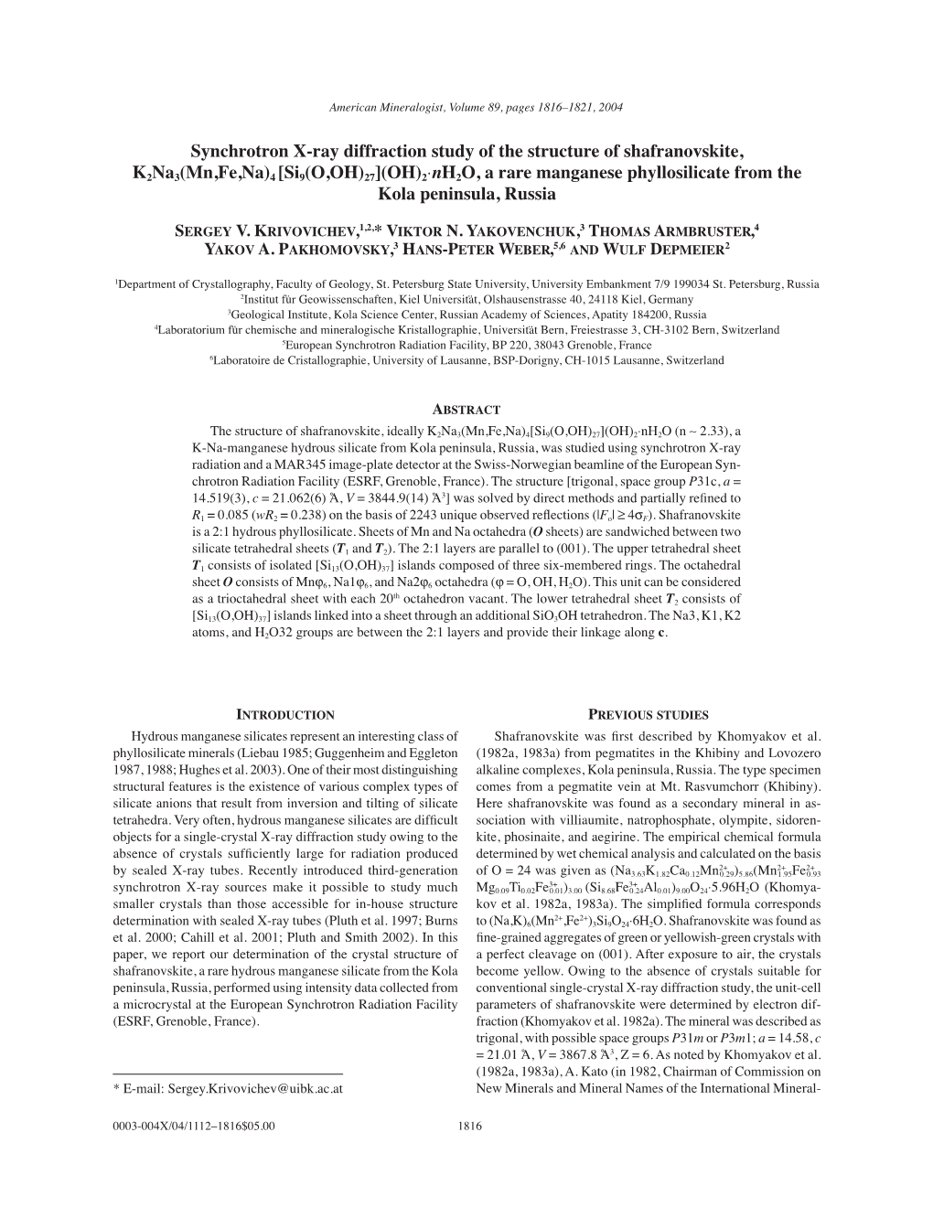 Synchrotron X-Ray Diffraction Study of the Structure of Shafranovskite, K2na3(Mn,Fe,Na)