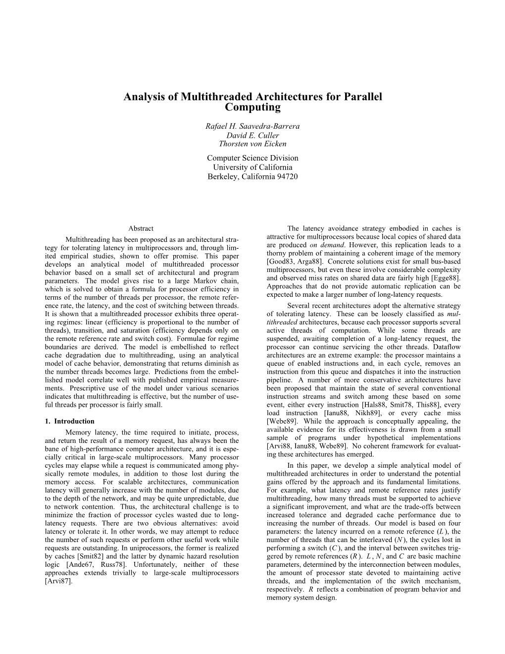 Analysis of Multithreaded Architectures for Parallel Computing