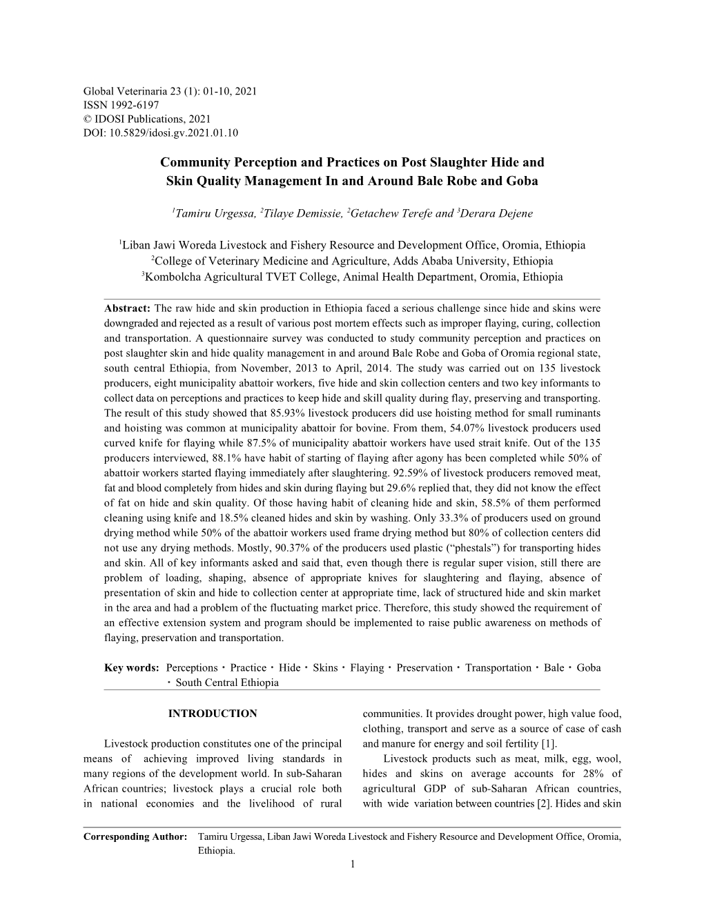 Community Perception and Practices on Post Slaughter Hide and Skin Quality Management in and Around Bale Robe and Goba