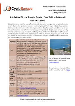 Self-Guided Bicycle Tours in Croatia: from Split to Dubrovnik Tour Facts Sheet