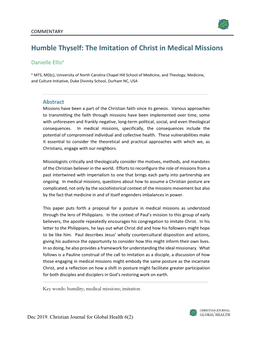 The Imitation of Christ in Medical Missions