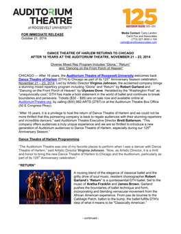 Dance Theatre of Harlem Press Release