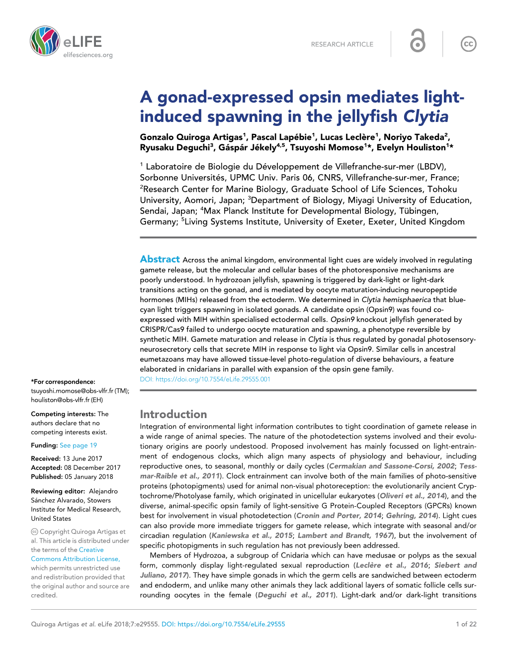 A Gonad-Expressed Opsin Mediates Light- Induced Spawning In