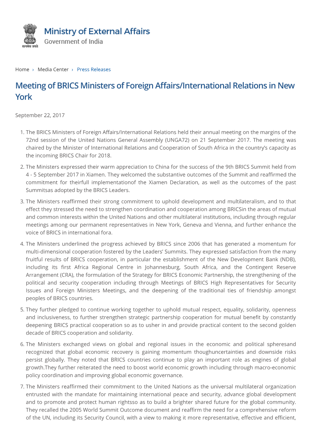 Meeting of BRICS Ministers of Foreign Affairs/International Relations In