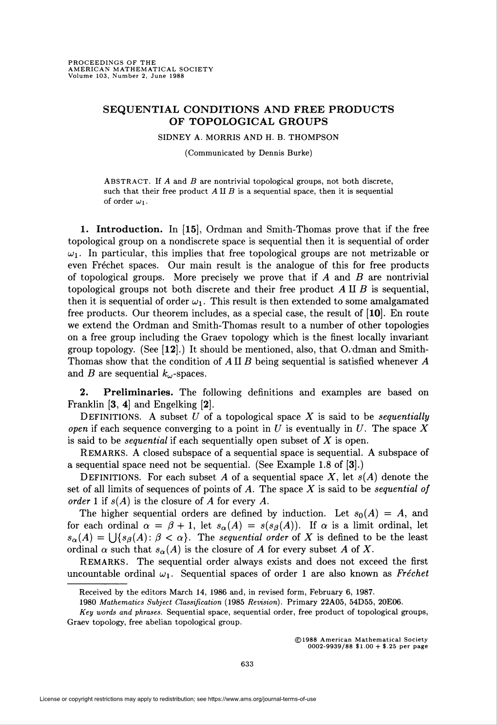 Sequential Conditions and Free Products of Topological Groups Sidney A