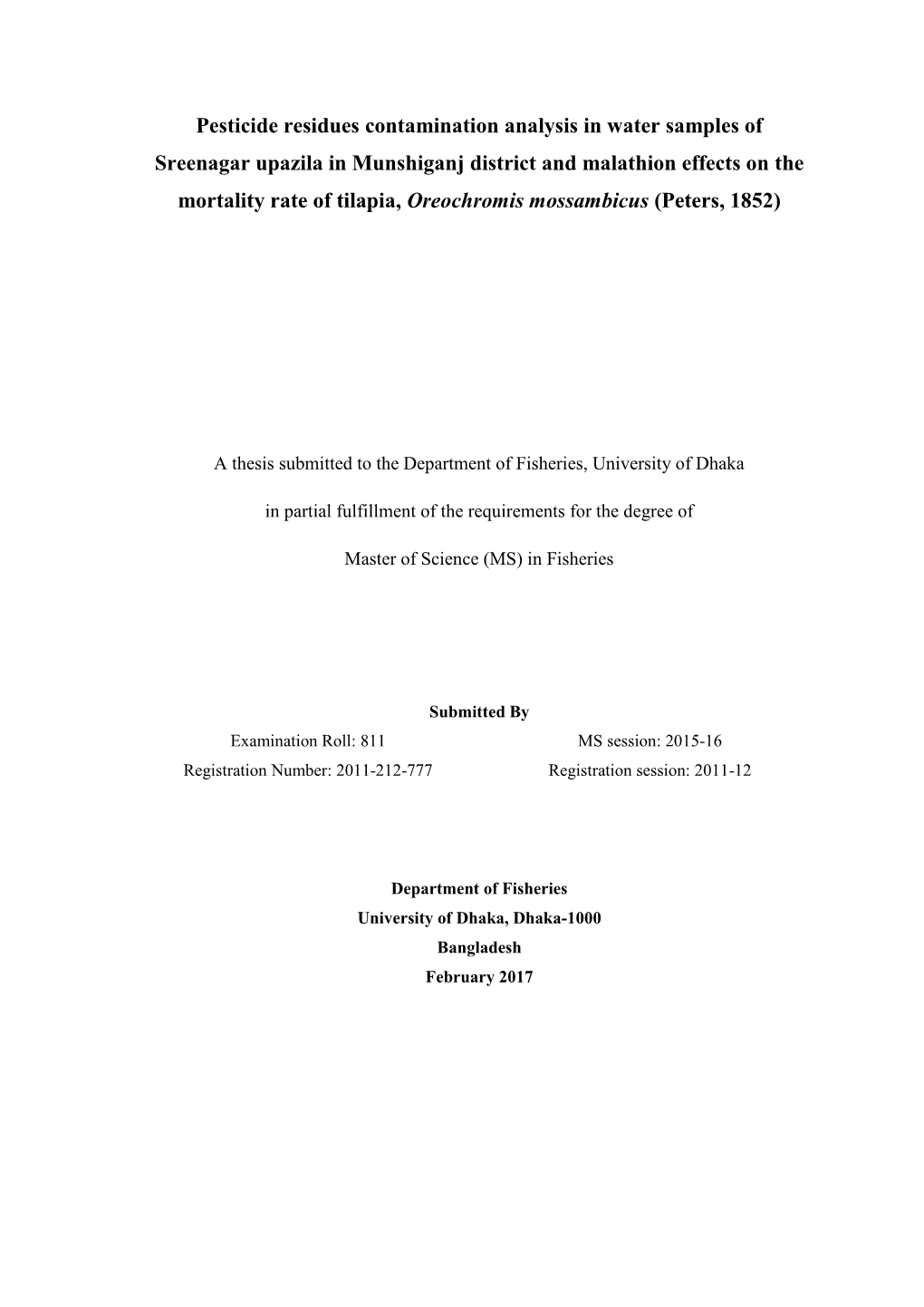 Pesticide Residues Contamination Analysis in Water Samples Of