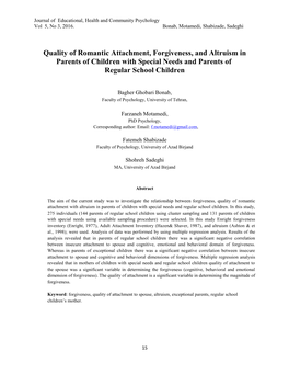 Quality of Romantic Attachment, Forgiveness, and Altruism in Parents of Children with Special Needs and Parents of Regular School Children