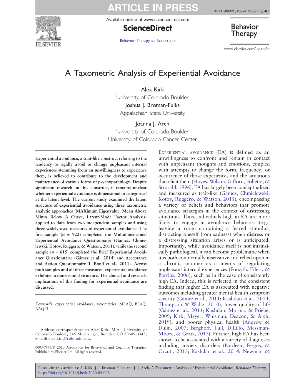 A Taxometric Analysis of Experiential Avoidance