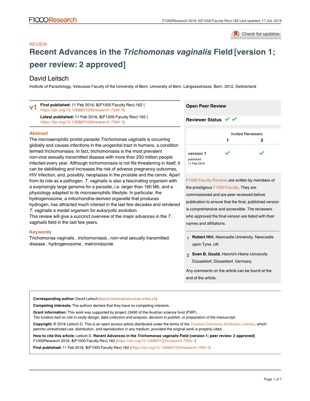 Recent Advances in the Field Trichomonas Vaginalis [Version 1