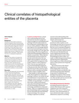 Clinical Correlates of Histopathological Entities of the Placenta