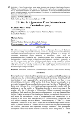 U.S. War in Afghanistan: from Intervention to Counterinsurgency Dr