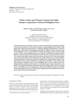 Foliar Carbon and Nitrogen Content and Stable Isotopic Composition of Selected Philippine Flora
