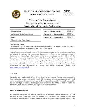 Views of the Commission Recognizing the Autonomy and Neutrality of Forensic Pathologists