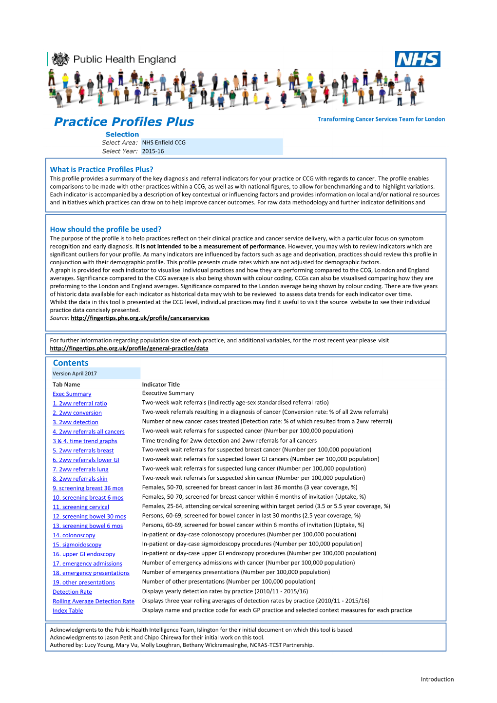 Practice Profiles Plus Transforming Cancer Services Team for London Selection Select Area: NHS Enfield CCG Select Year: 2015-16