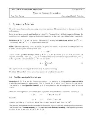 Notes on Symmetric Matrices 1 Symmetric Matrices