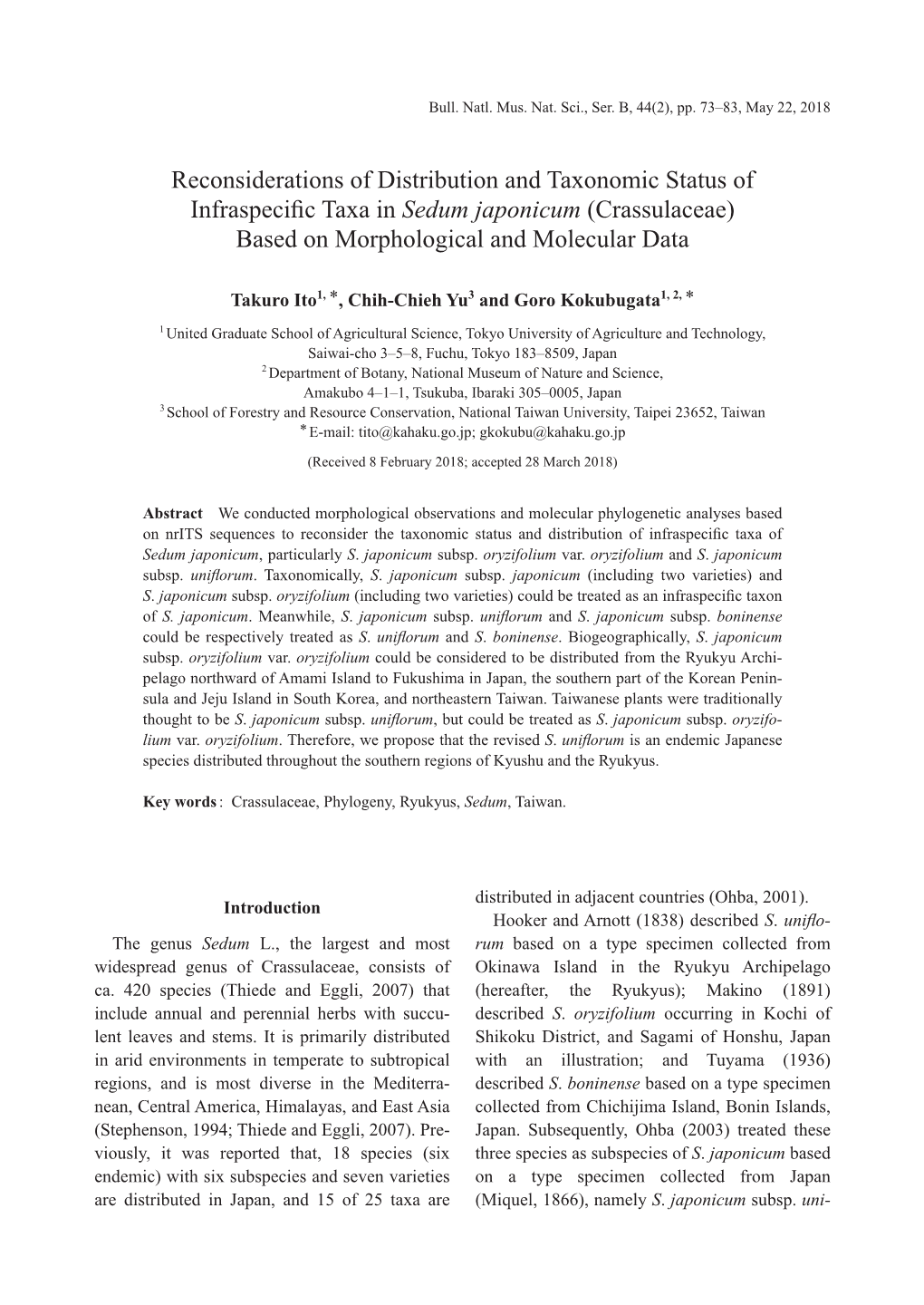 Reconsiderations of Distribution and Taxonomic Status of Infraspecific Taxa in Sedum Japonicum (Crassulaceae) Based on Morphol