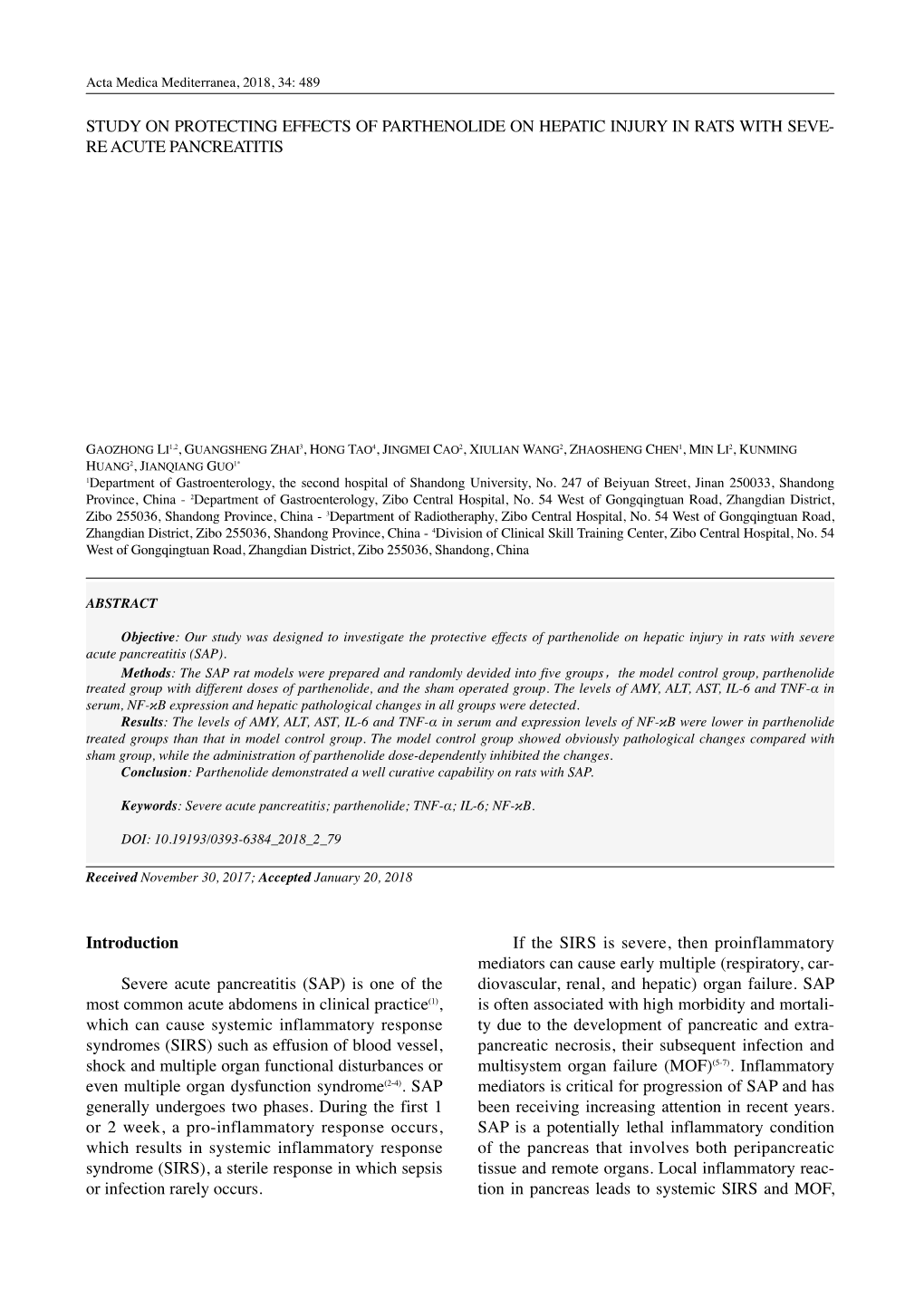 Study on Protecting Effects of Parthenolide on Hepatic Injury in Rats with Seve- Re Acute Pancreatitis