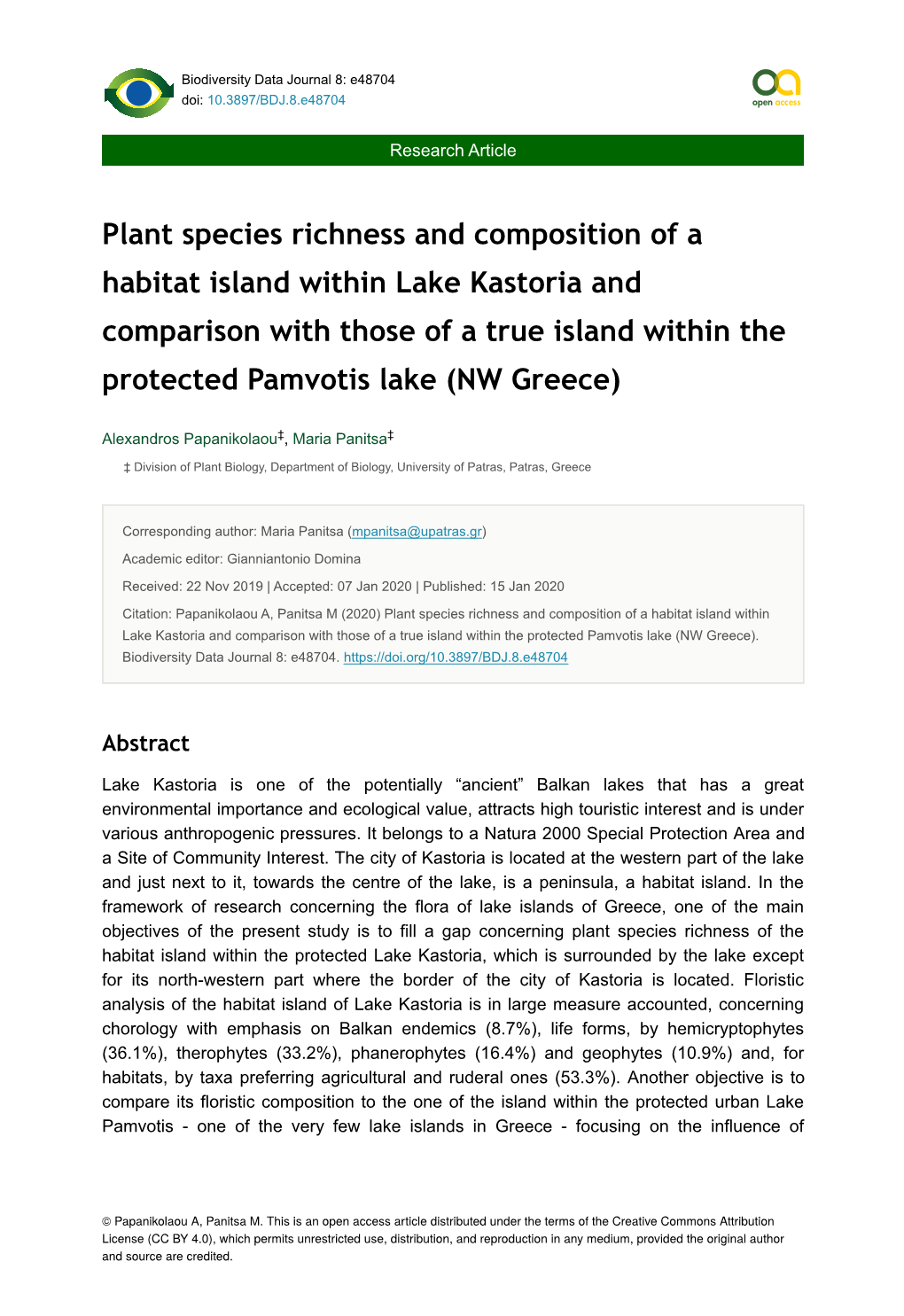 Plant Species Richness and Composition of a Habitat Island