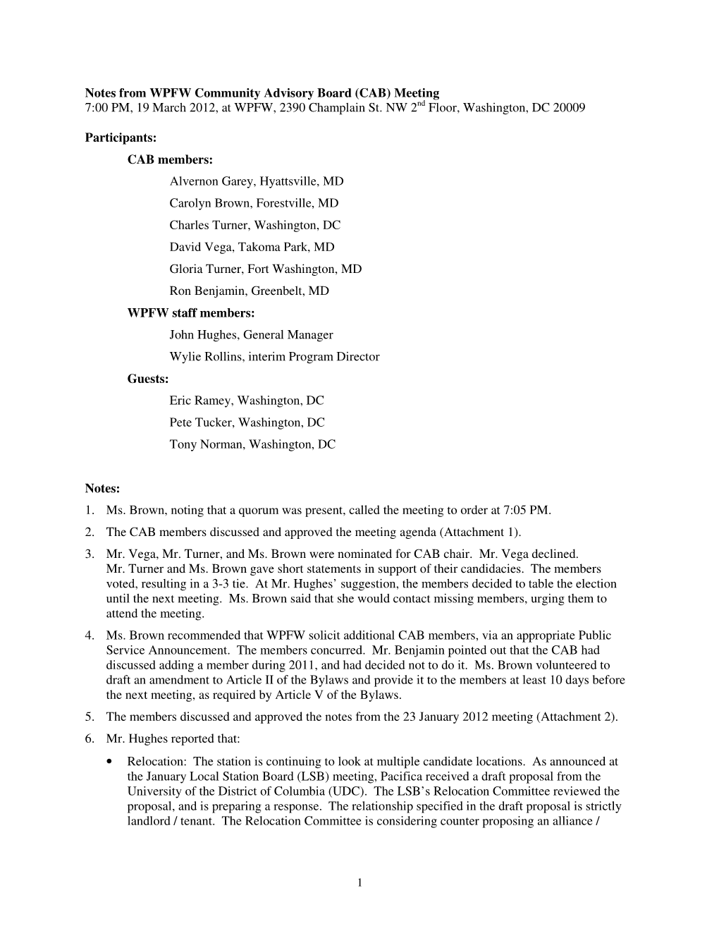 Notes from WPFW Community Advisory Board (CAB) Meeting 7:00 PM, 19 March 2012, at WPFW, 2390 Champlain St