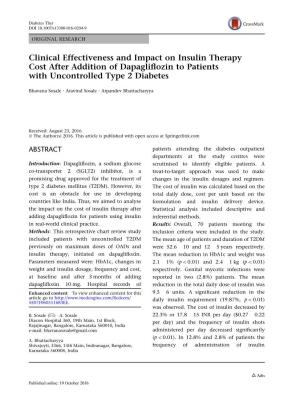 Clinical Effectiveness and Impact on Insulin Therapy Cost After Addition of Dapagliﬂozin to Patients with Uncontrolled Type 2 Diabetes