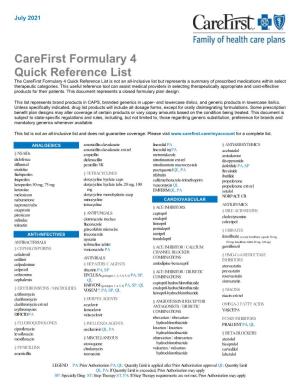 Carefirst Formulary 4 Quick Reference List