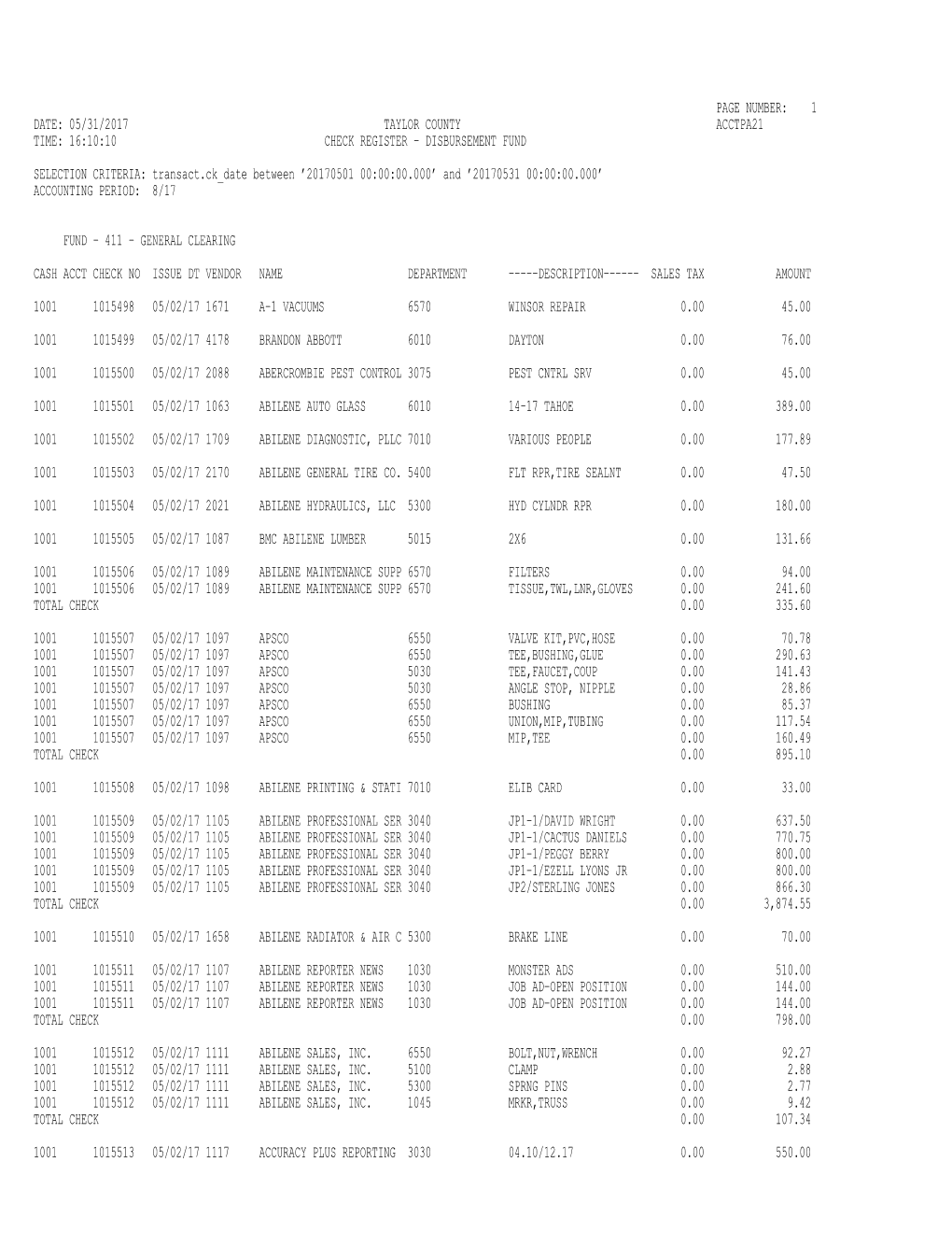 05/31/2017 Taylor County Acctpa21 Time: 16:10:10 Check Register − Disbursement Fund