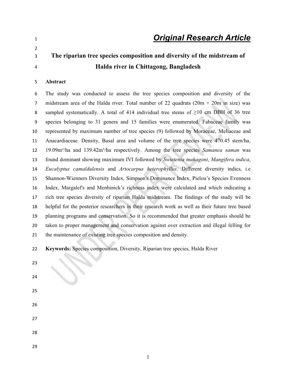 Original Research Article 2 3 the Riparian Tree Species Composition and Diversity of the Midstream Of