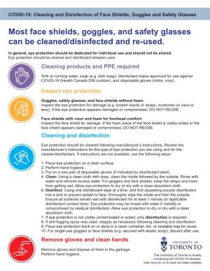 Most Face Shields, Goggles, and Safety Glasses Can Be Cleaned/Disinfected and Re-Used