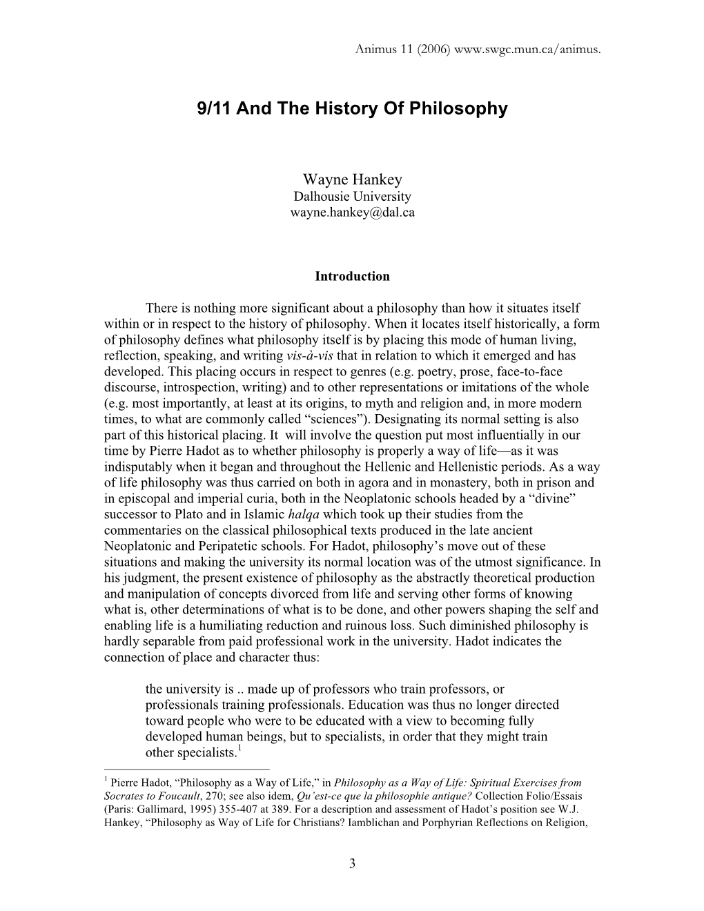 Wayne Hankey, 9/11 and the History of Philosophy