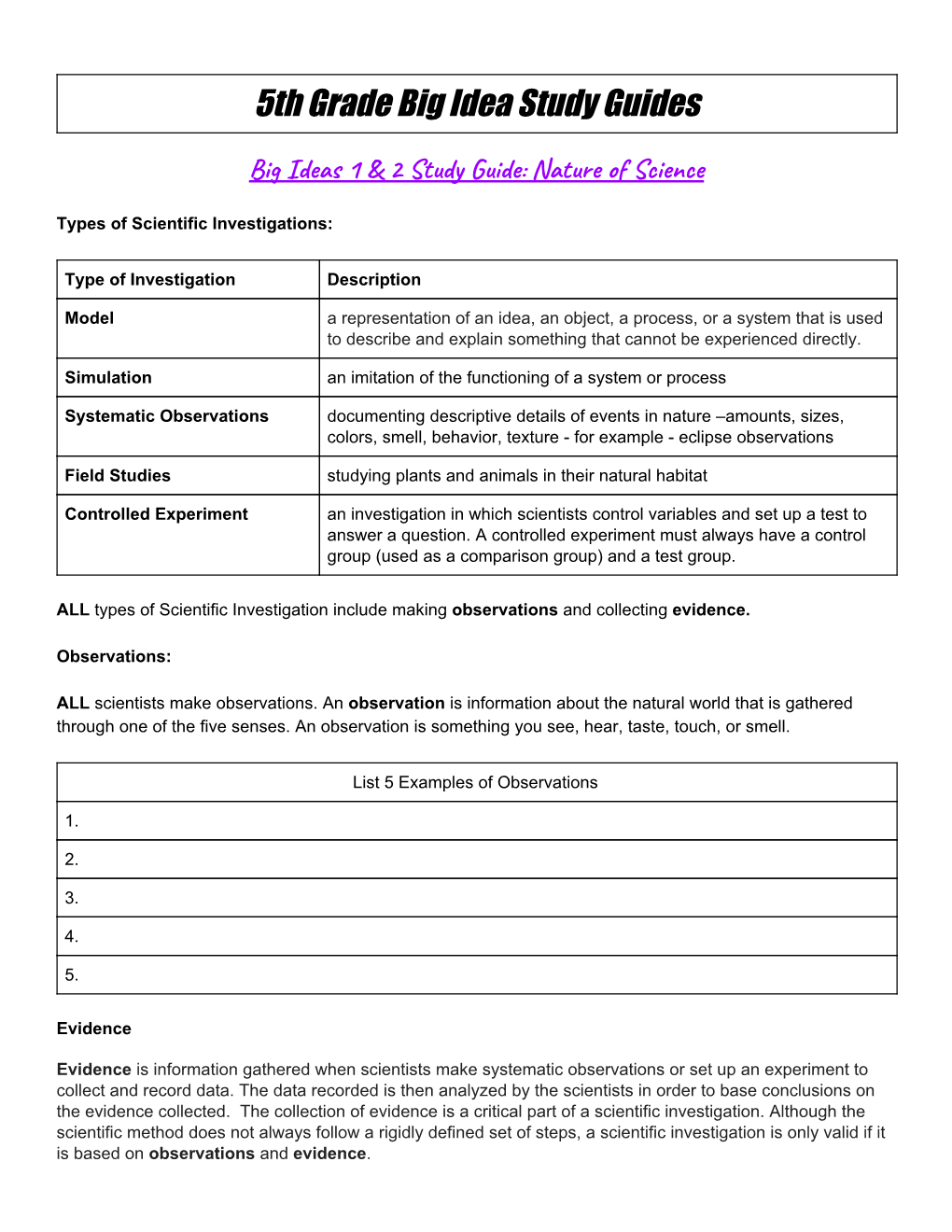 5Th Grade Big Idea Study Guides