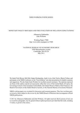 NBER WORKING PAPER SERIES MONETARY POLICY MISTAKES and the EVOLUTION of INFLATION EXPECTATIONS Athanasios Orphanides John Willia