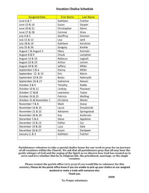 Vocation Chalice Schedule