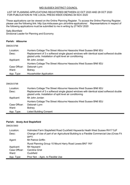 List of Planning Applications Registered Between 22 Oct 2020 and 28 Oct 2020 for Publication in the Local Press Week Ending 06 Nov 2020