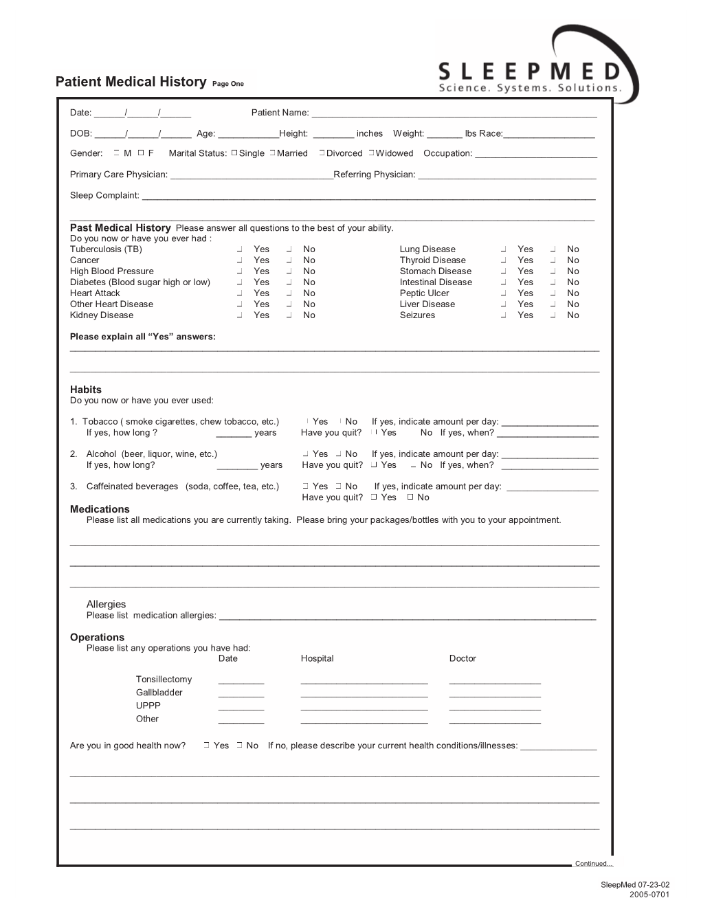 Patient Medical History Page One