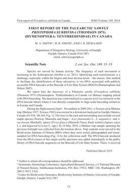 First Report of the Palearctic Sawfly Pristiphora Subbifida (Thomson 1871) (Hymenoptera: Tenthredinidae) in Canada