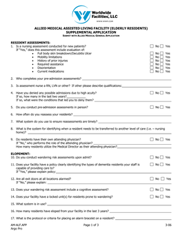 Allied Medical Assisted Living Facility (Elderly Residents) Supplemental Application Submit with Allied Medical General Application