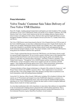 Volvo Trucks' Customer Saia Takes Delivery of Two Volvo VNR Electrics