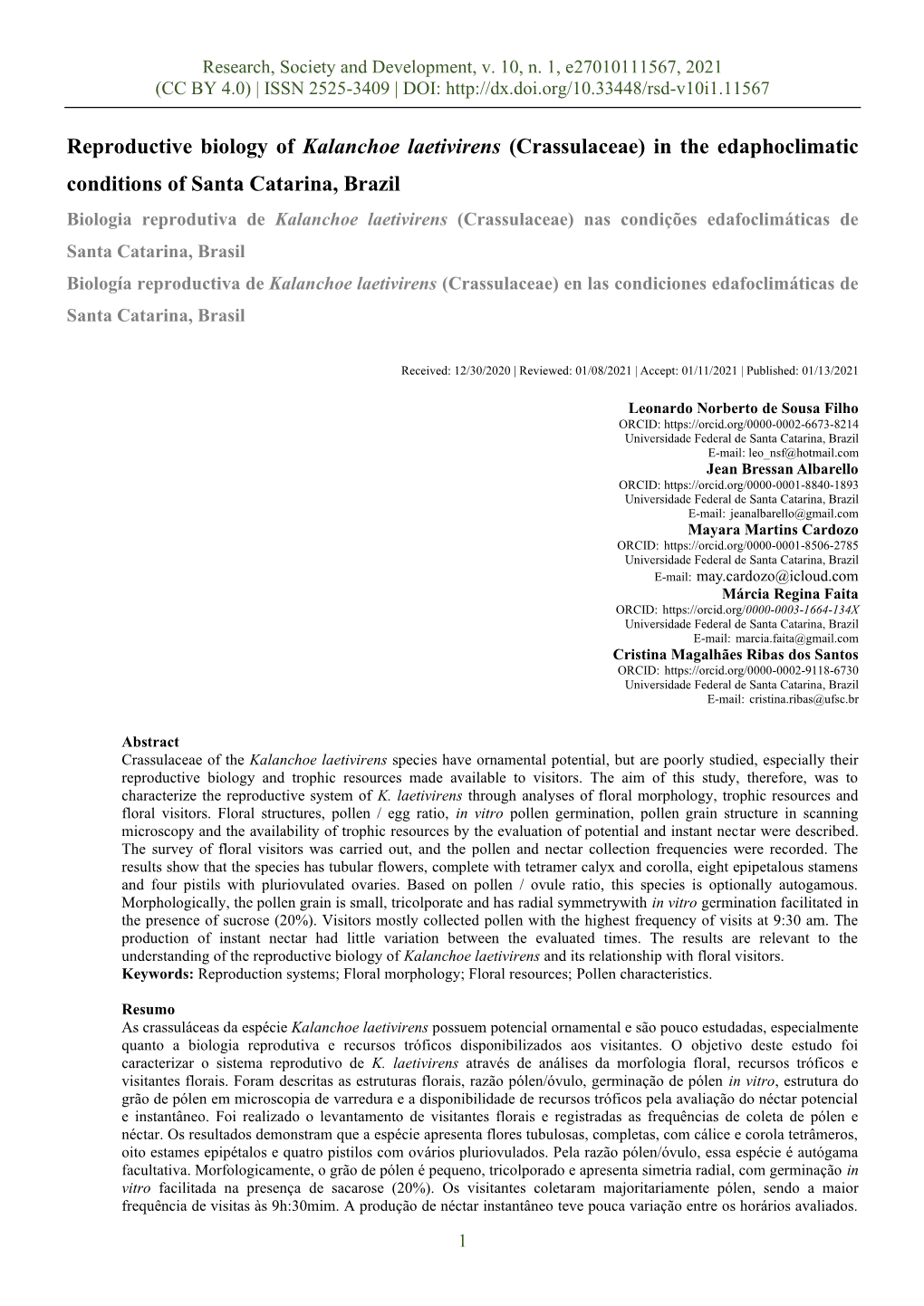 Reproductive Biology of Kalanchoe Laetivirens (Crassulaceae) in The