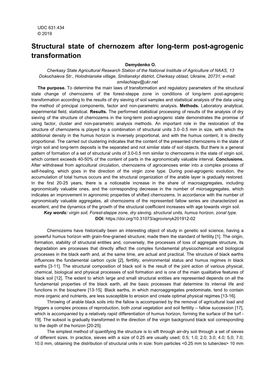 Structural State of Chernozem After Long-Term Post-Agrogenic Transformation Demydenko O