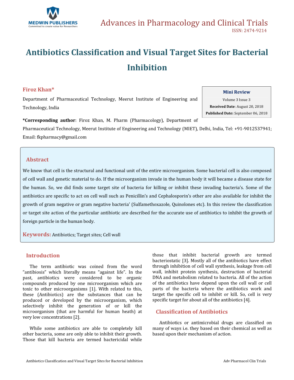 Antibiotics Classification and Visual Target Sites for Bacterial Inhibition