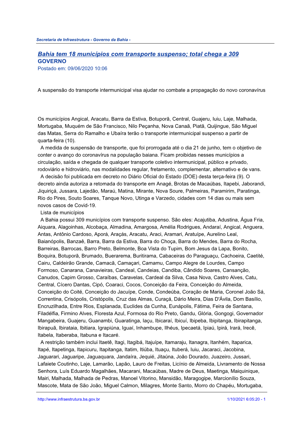 Bahia Tem 18 Municípios Com Transporte Suspenso; Total Chega a 309 GOVERNO Postado Em: 09/06/2020 10:06