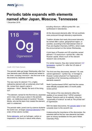 Periodic Table Expands with Elements Named After Japan, Moscow, Tennessee 1 December 2016