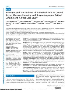 Proteome and Metabolome of Subretinal Fluid in Central Serous Chorioretinopathy and Rhegmatogenous Retinal Detachment: a Pilot Case Study