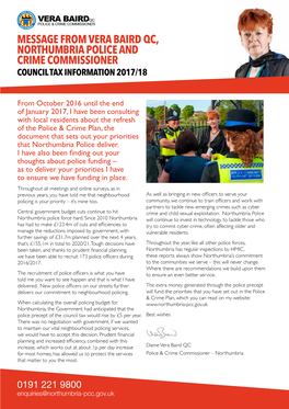 Message from Vera Baird Qc, Northumbria Police and Crime Commissioner Council Tax Information 2017/18