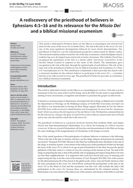 A Rediscovery of the Priesthood of Believers in Ephesians 4:1–16 and Its Relevance for the Missio Dei and a Biblical Missional Ecumenism