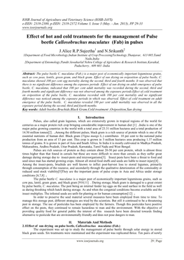 Effect of Hot and Cold Treatments for the Management of Pulse Beetle Callosobruchus Maculatus (Fab) in Pulses