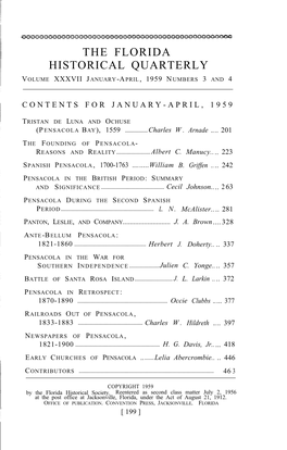 The Florida Historical Quarterly Volume Xxxvii January-April, 1959 Numbers 3 and 4