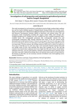 Investigation of Soil Properties and Nutrients in Agricultural Practiced Land in Tangail, Bangladesh