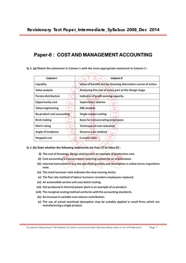 Paper-8 : COST and MANAGEMENT ACCOUNTING